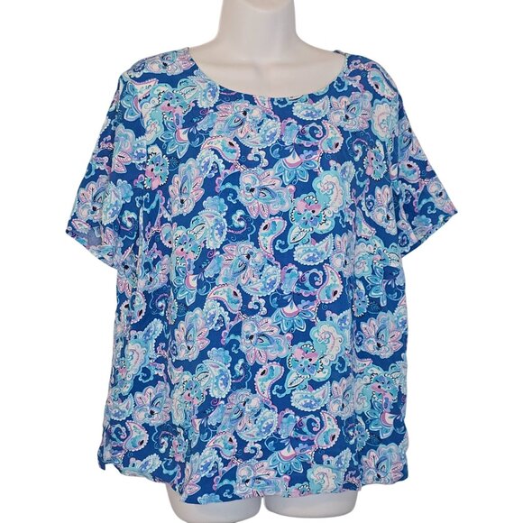 Talbots Tops - Talbots Woman 1X Blue White Pink Floral Print Blouse